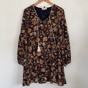 Entro Boho Floral Long Blouson Sleeve Full A-Line‎ Tassel Tie Swing Dress Small